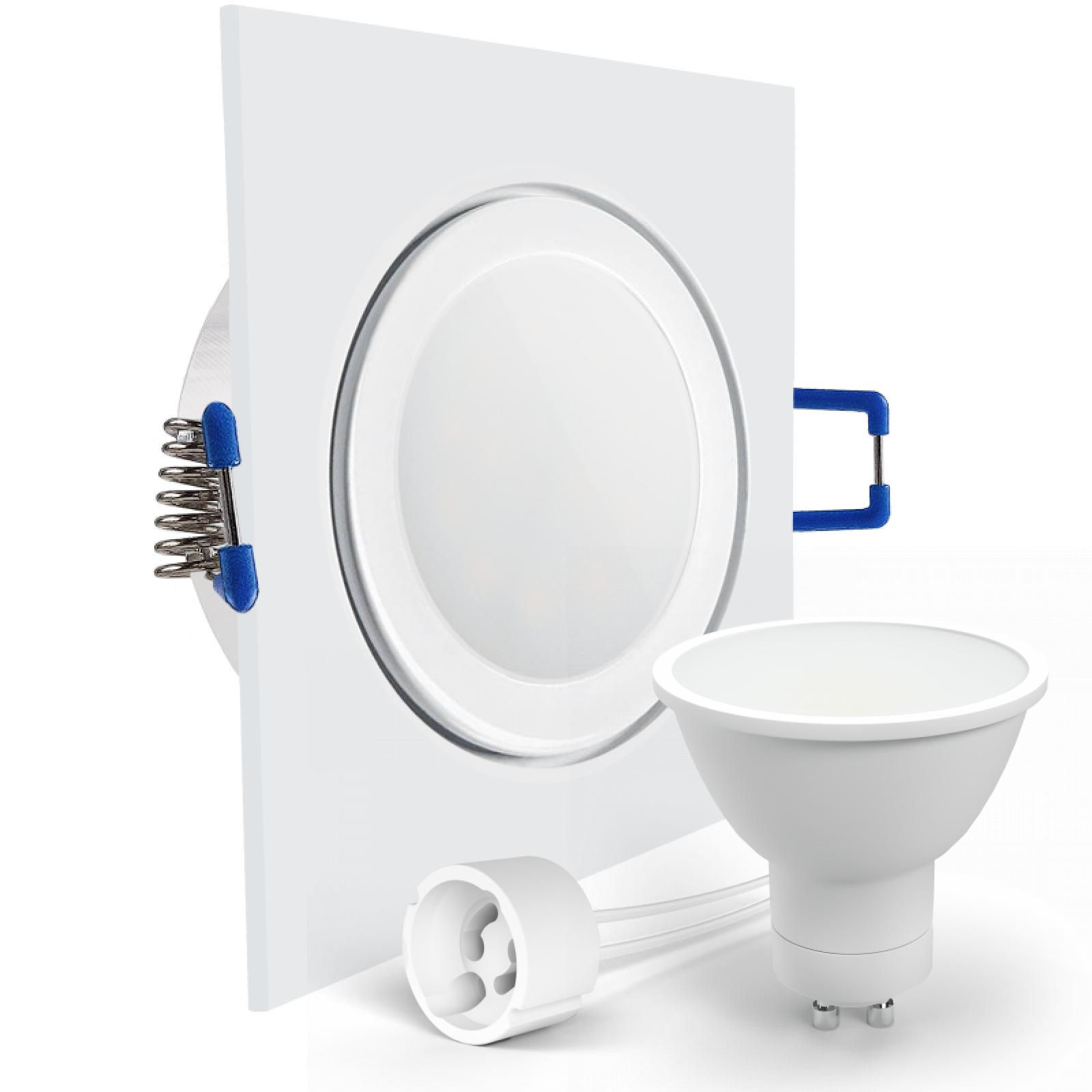  LED Deckenspot Feuchtraum IP44 weiß eckig quadratisch Glas Einbaudurchmesser Ø 60mm - 85mm Tiefe 64mm Fassung 1,2W LED Lichtfarbe warmweiß GU10 230V